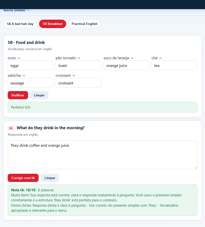 Vocabulário de café da manhã corrigido e exercício com feedback 10/10 da inteligência artificial