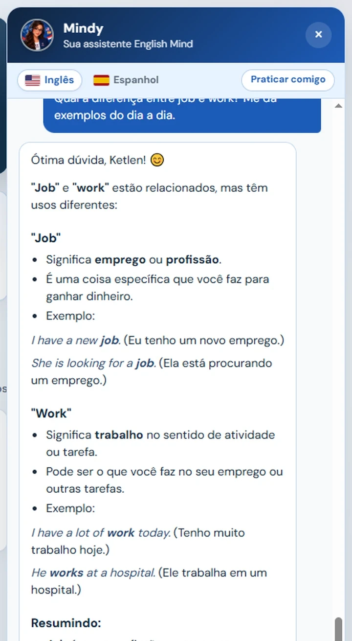 Chat da Mindy explicando vocabulário no portal do aluno